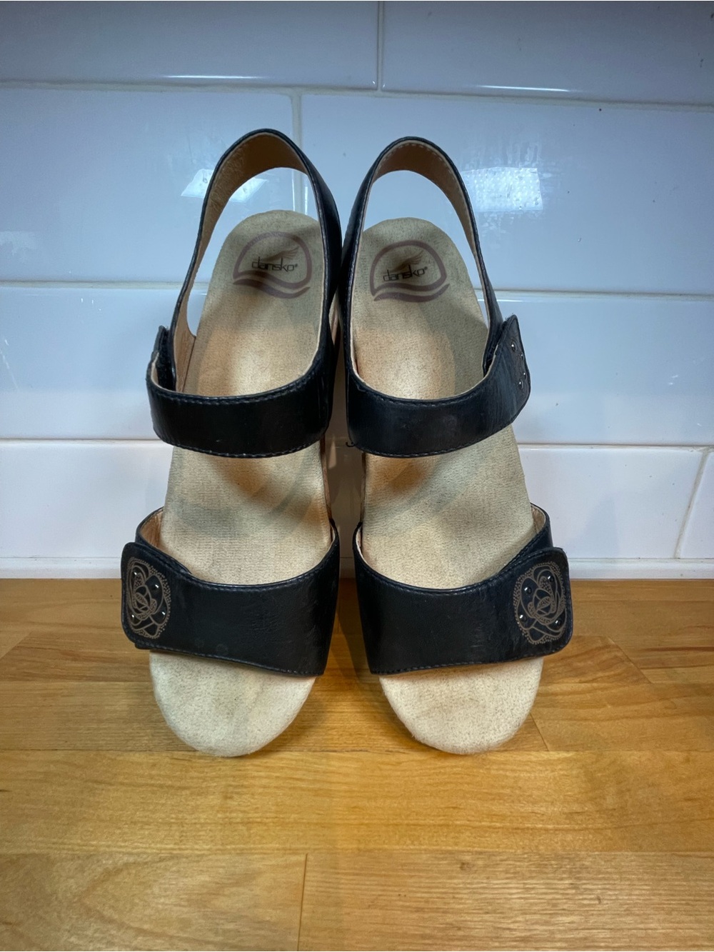 Dansko Black Leather Velcro Wedge Clog Sandals